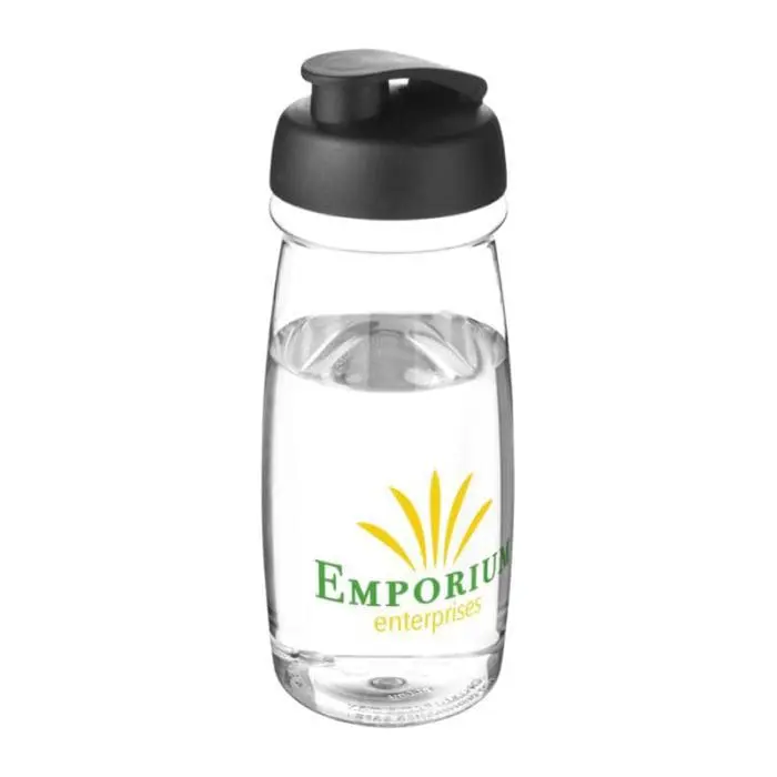 Promotional H20 Active Pulse Flip Lid Bottle 600ml in clear with black lid and printed logo