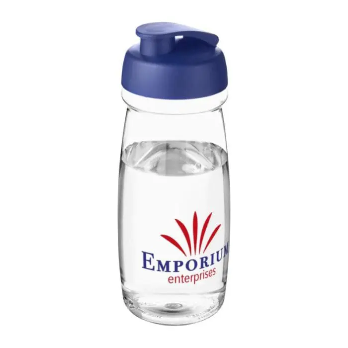 Promotional H20 Active Pulse Flip Lid Bottle 600ml in clear with blue lid and printed logo