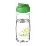 Promotional H20 Active Pulse Flip Lid Bottle 600ml in clear with green lid and printed logo