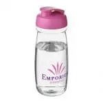 Printed H20 Active Pulse Flip Lid Bottle 600ml in clear with pink lid and printed logo