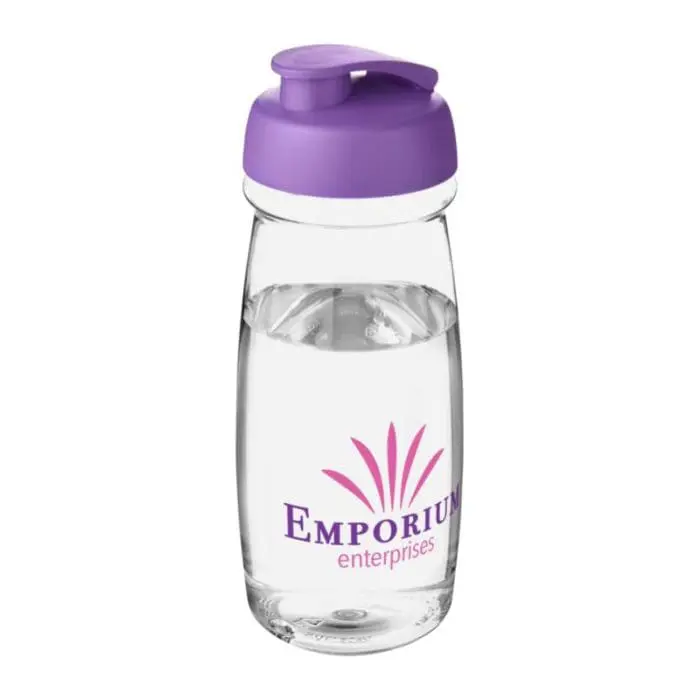 Printed H20 Active Pulse Flip Lid Bottle 600ml in clear with purple lid and printed logo