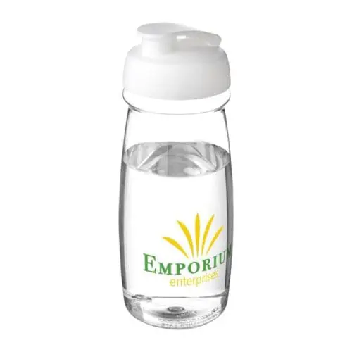 Printed H20 Active Pulse Flip Lid Bottle 600ml in clear with white lid and printed logo