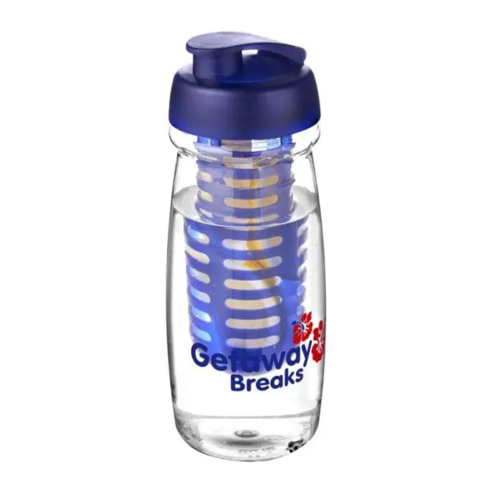 Promotional H2O Active Pulse Flip Lid Infuser Bottle 600ml in clear with blue lid and blue infuser with printed logo