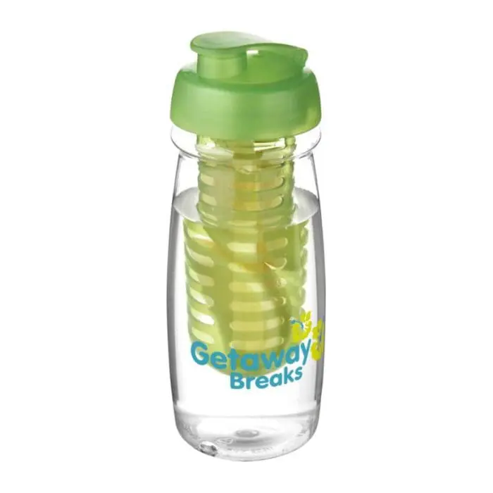 Promotional H2O Active Pulse Flip Lid Infuser Bottle 600ml in clear with light green lid and light green infuser with printed logo