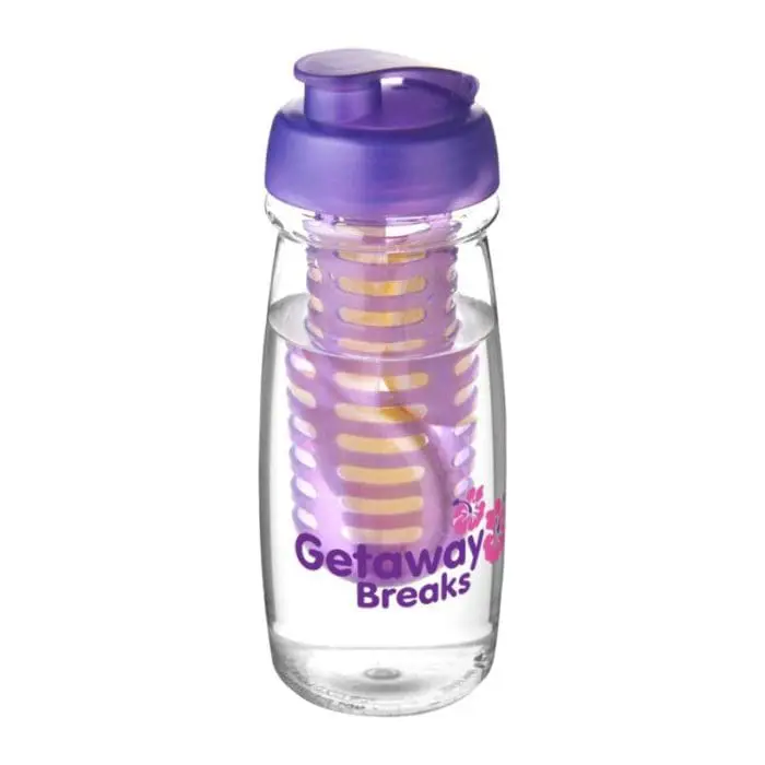 Printed H2O Active Pulse Flip Lid Infuser Bottle 600ml in clear with purple lid and purple infuser with printed logo