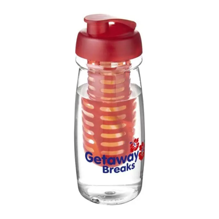 Printed H2O Active Pulse Flip Lid Infuser Bottle 600ml in clear with red lid and red infuser with printed logo