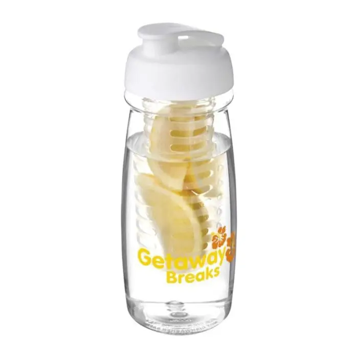 Printed H2O Active Pulse Flip Lid Infuser Bottle 600ml in clear with white lid and printed logo