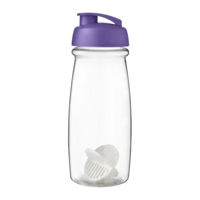 Branded Pulse Flip Lid Shaker Bottle 600ml in clear with coloured lid and white mixer with printed logo