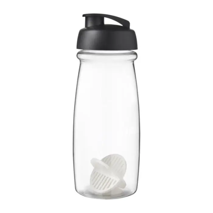 Branded Pulse Flip Lid Shaker Bottle 600ml in clear with coloured lid and white mixer with printed logo