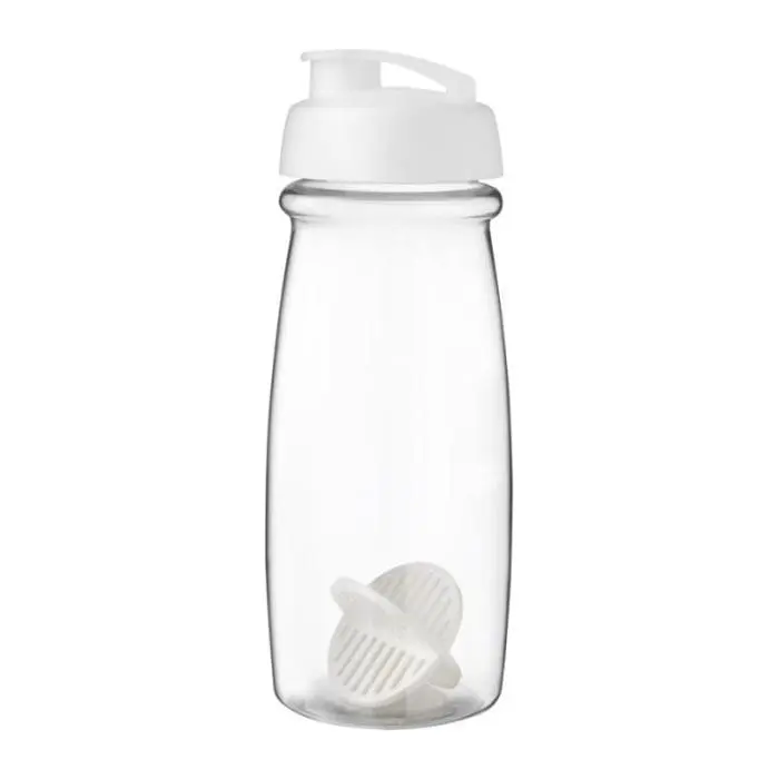 Branded Pulse Flip Lid Shaker Bottle 600ml in clear with white lid and white mixer with printed logo