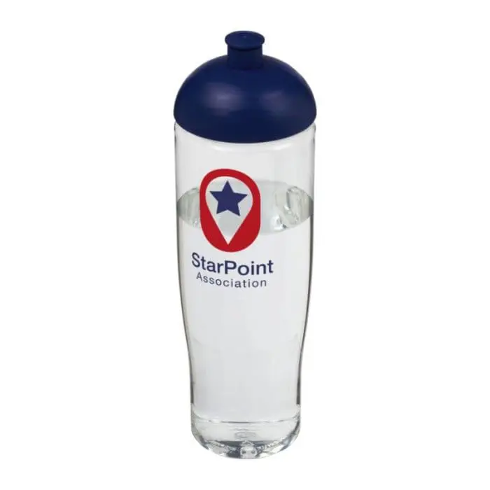 Branded H2O Active Tempo Lid Bottle in clear with blue lid and printed logo