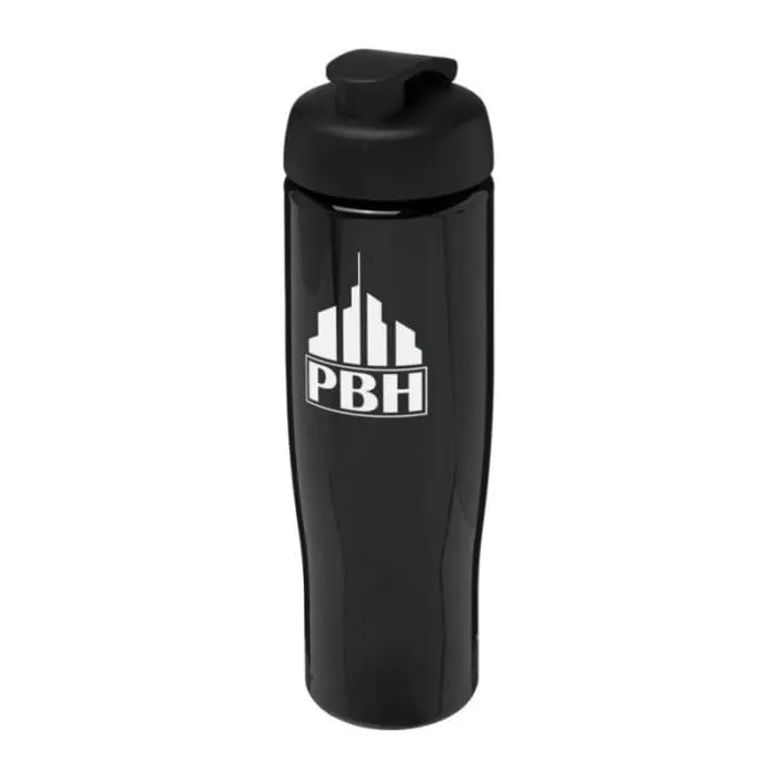 Branded H2O Active Tempo Flip Lid Bottle in black with black lid and printed logo