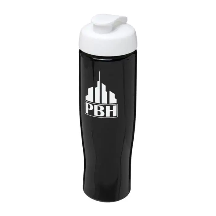 Branded H2O Active Tempo Flip Lid Bottle in black with white lid and printed logo