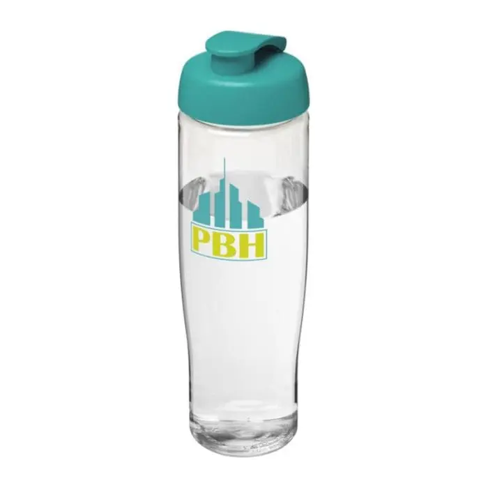 Promotional H2O Active Tempo Flip Lid Bottle in clear with turquoise lid and printed logo