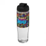 Promotional H2O Active Tempo Flip Lid Bottle in clear with black lid and printed logo