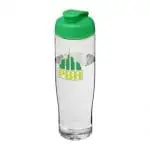 Branded H2O Active Tempo Flip Lid Bottle in clear with green lid and printed logo