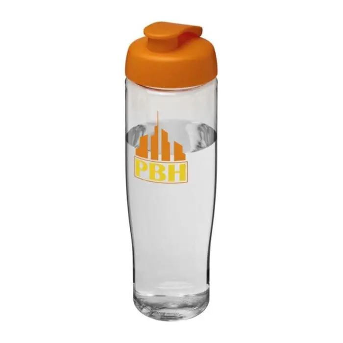 Promotional H2O Active Tempo Flip Lid Bottle in clear with orange lid and printed logo