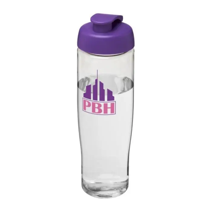 Printed H2O Active Tempo Flip Lid Bottle in clear with purple lid and printed logo