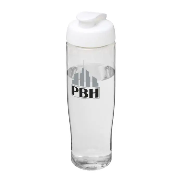 Printed H2O Active Tempo Flip Lid Bottle in clear with white lid and printed logo