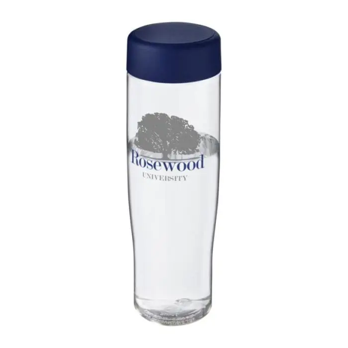 Branded H20 Active Tempo Screw Lid Bottle in clear with blue lid and printed logo