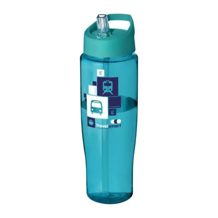 Branded H2O Active Tempo Spout Lid Bottle in turquoise with turquoise lid and printed logo