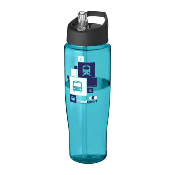 Branded H2O Active Tempo Spout Lid Bottle in turquoise with black lid and printed logo