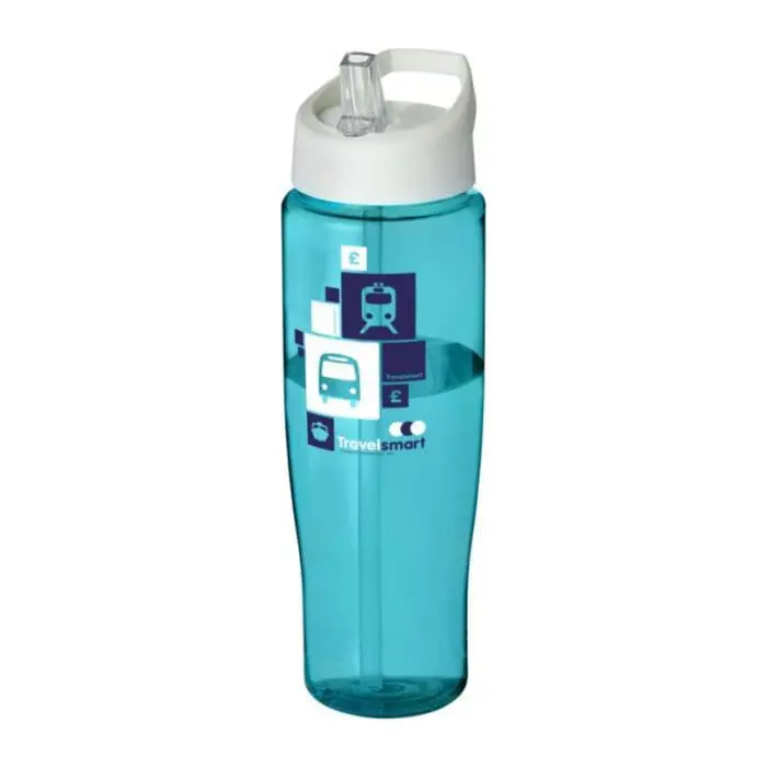 Branded H2O Active Tempo Spout Lid Bottle in turquoise with white lid and printed logo