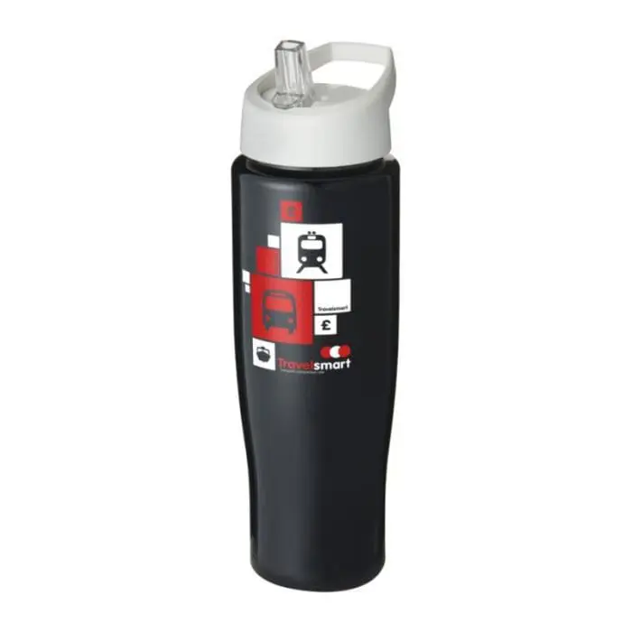 Branded H2O Active Tempo Spout Lid Bottle in black with white lid and printed logo