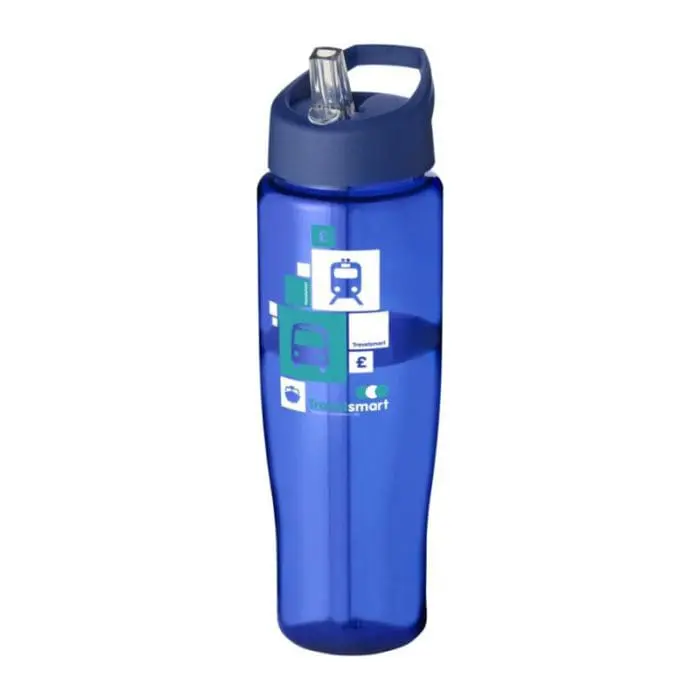 Branded H2O Active Tempo Spout Lid Bottle in blue with blue lid and printed logo