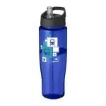 Branded H2O Active Tempo Spout Lid Bottle in blue with black lid and printed logo