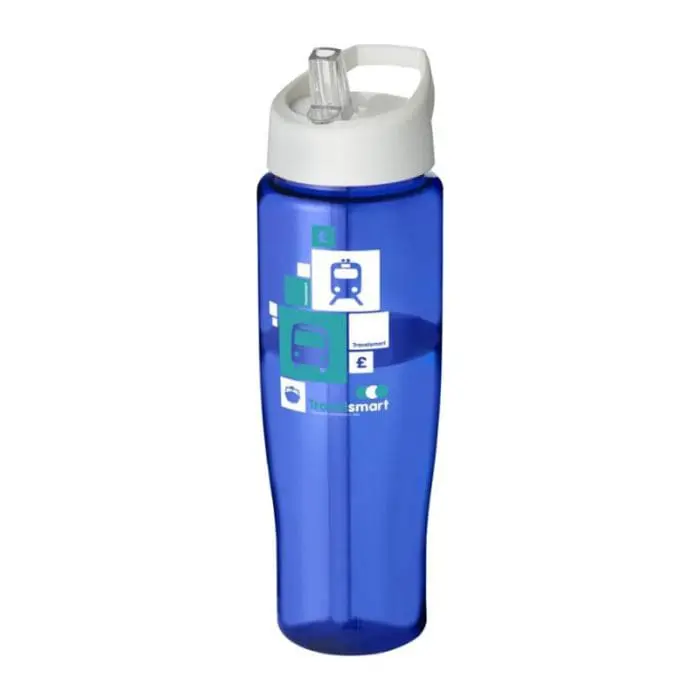 Branded H2O Active Tempo Spout Lid Bottle in blue with white lid and printed logo