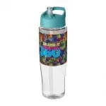 Branded H2O Active Tempo Spout Lid Bottle in clear with turquoise lid and printed logo