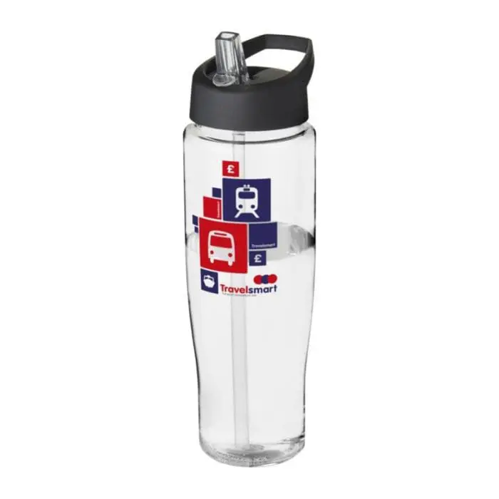 Branded H2O Active Tempo Spout Lid Bottle in clear with black lid and printed logo