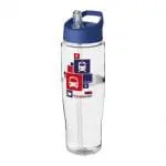 Branded H2O Active Tempo Spout Lid Bottle in clear with blue lid and printed logo