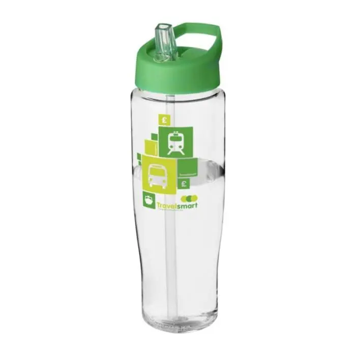 Branded H2O Active Tempo Spout Lid Bottle in clear with green lid and printed logo