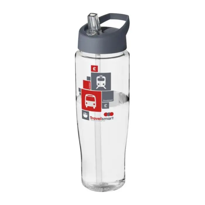 Branded H2O Active Tempo Spout Lid Bottle in clear with grey lid and printed logo