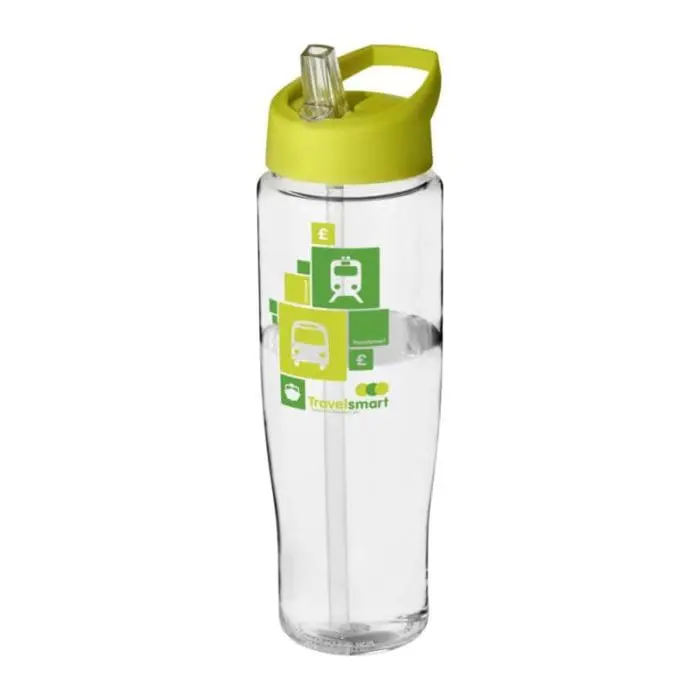 Branded H2O Active Tempo Spout Lid Bottle in clear with light green lid and printed logo