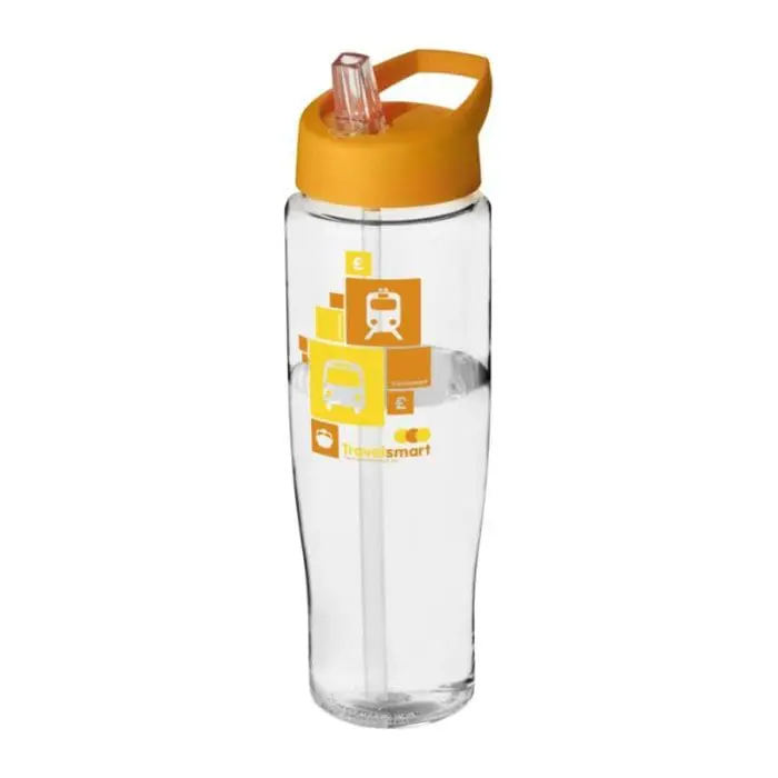 Branded H2O Active Tempo Spout Lid Bottle in clear with orange lid and printed logo