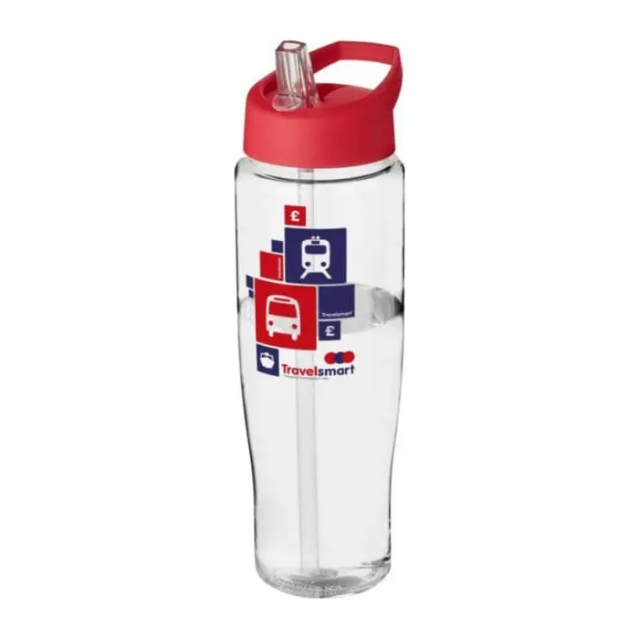 Promotional H2O Active Tempo Spout Lid Bottle in clear with red lid and printed logo