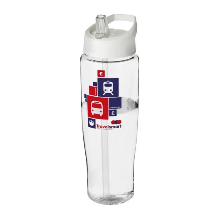 Promotional H2O Active Tempo Spout Lid Bottle in clear with white lid and printed logo