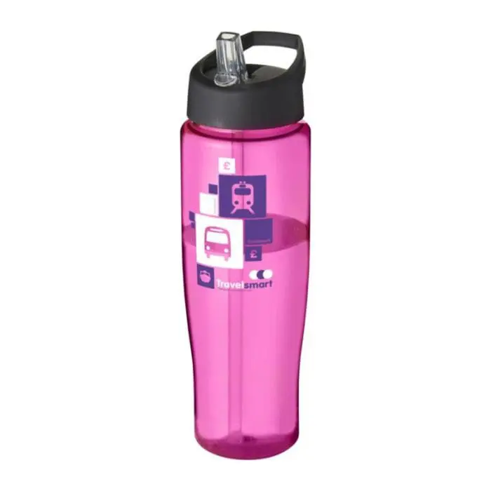 Printed H2O Active Tempo Spout Lid Bottle in pink with black lid and printed logo