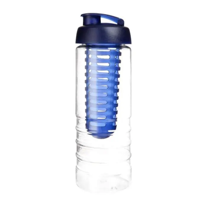 Customised Treble Flip Lid Infuser Bottle 750ml in clear with coloured lid and infuser with printed logo