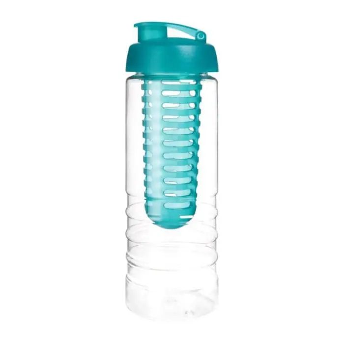 Branded Treble Flip Lid Infuser Bottle 750ml in clear with coloured lid and infuser with printed logo