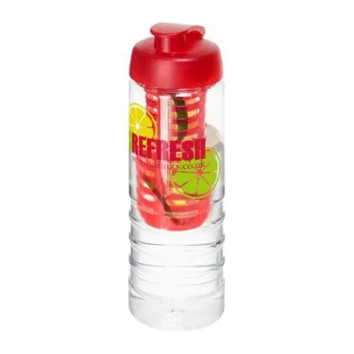 Printed Treble Flip Lid Infuser Bottle 750ml in clear with red lid and printed logo