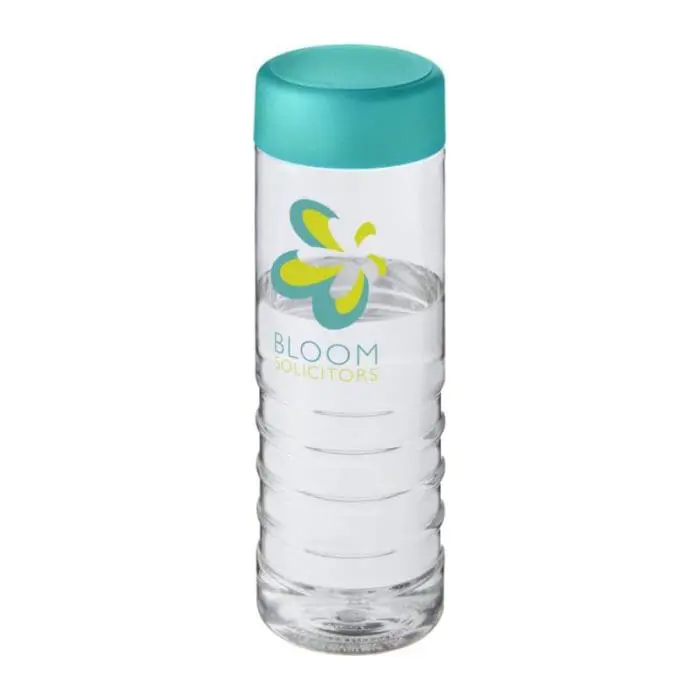 Branded H2O Active Treble Screw Lid Bottle in clear with aqua lid and printed logo