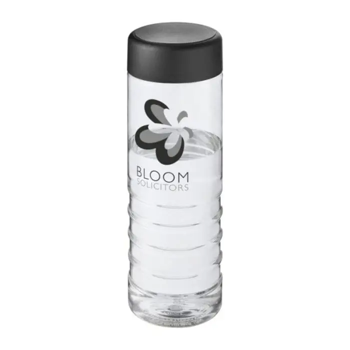 Branded H2O Active Treble Screw Lid Bottle in clear with black lid and printed logo