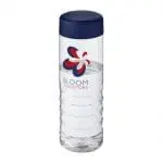 Branded H2O Active Treble Screw Lid Bottle in clear with blue lid and printed logo