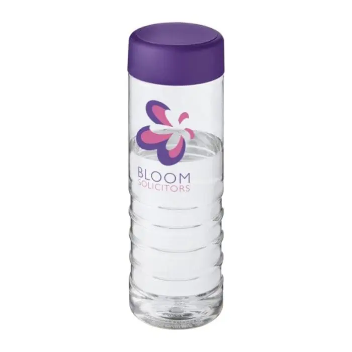 Promotional H2O Active Treble Screw Lid Bottle in clear with purple lid and printed logo