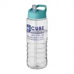 Branded H2O Active Treble Spout Lid Bottle in clear with aqua lid and printed logo