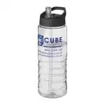 Branded H2O Active Treble Spout Lid Bottle in clear with black lid and printed logo